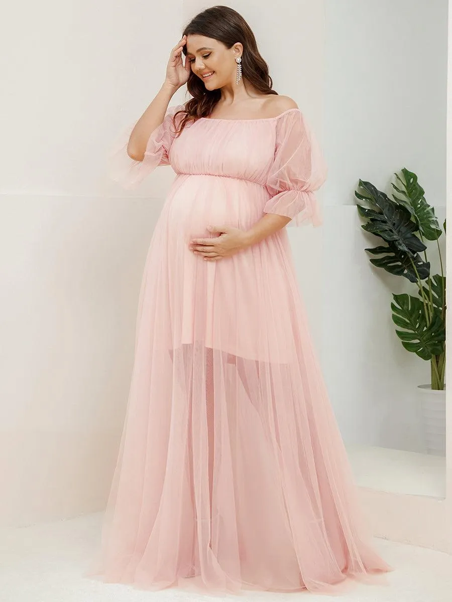 Maxi robe de maternité en tulle plissé à épaules dénudées