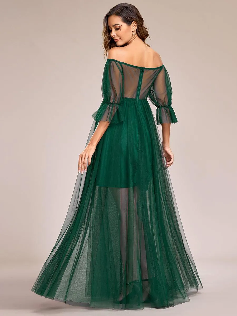 Maxi robe de maternité en tulle plissé à épaules dénudées