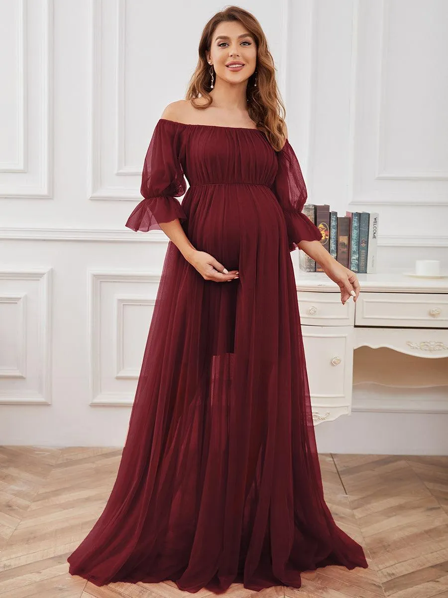 Maxi robe de maternité en tulle plissé à épaules dénudées