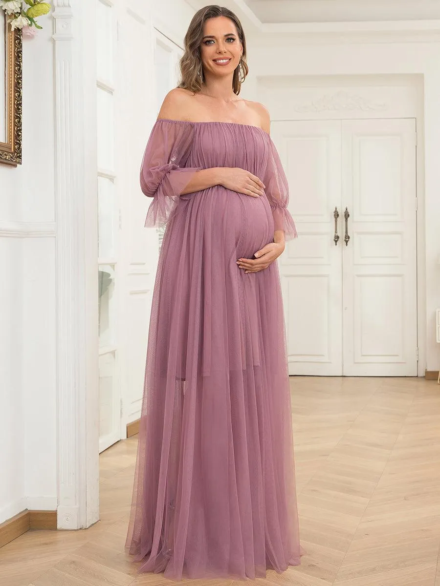 Maxi robe de maternité en tulle plissé à épaules dénudées
