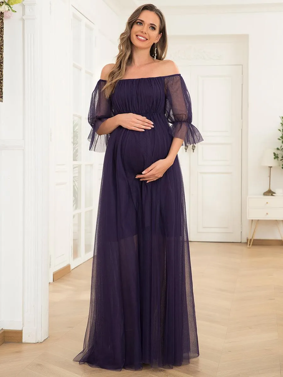 Maxi robe de maternité en tulle plissé à épaules dénudées