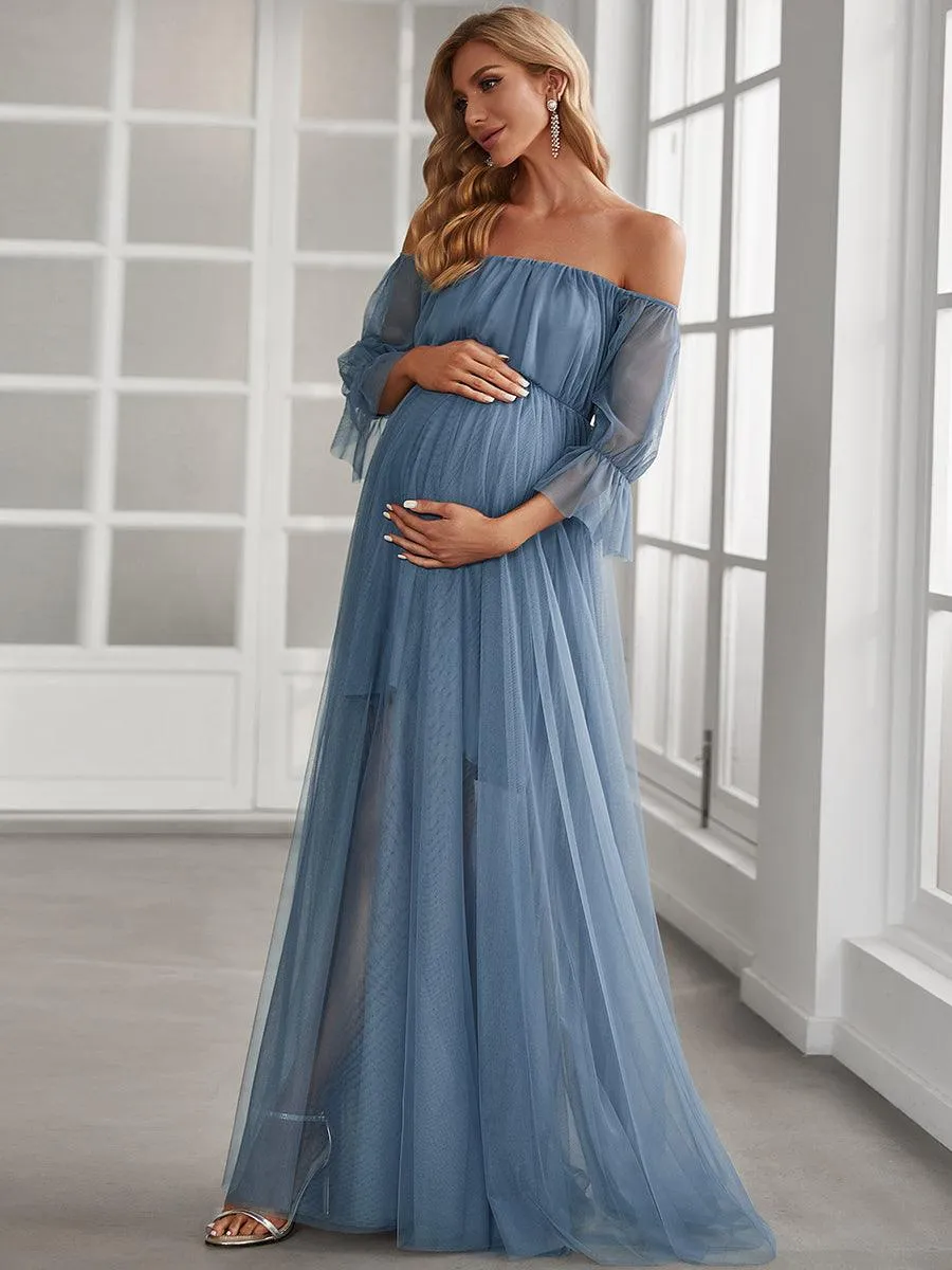 Maxi robe de maternité en tulle plissé à épaules dénudées