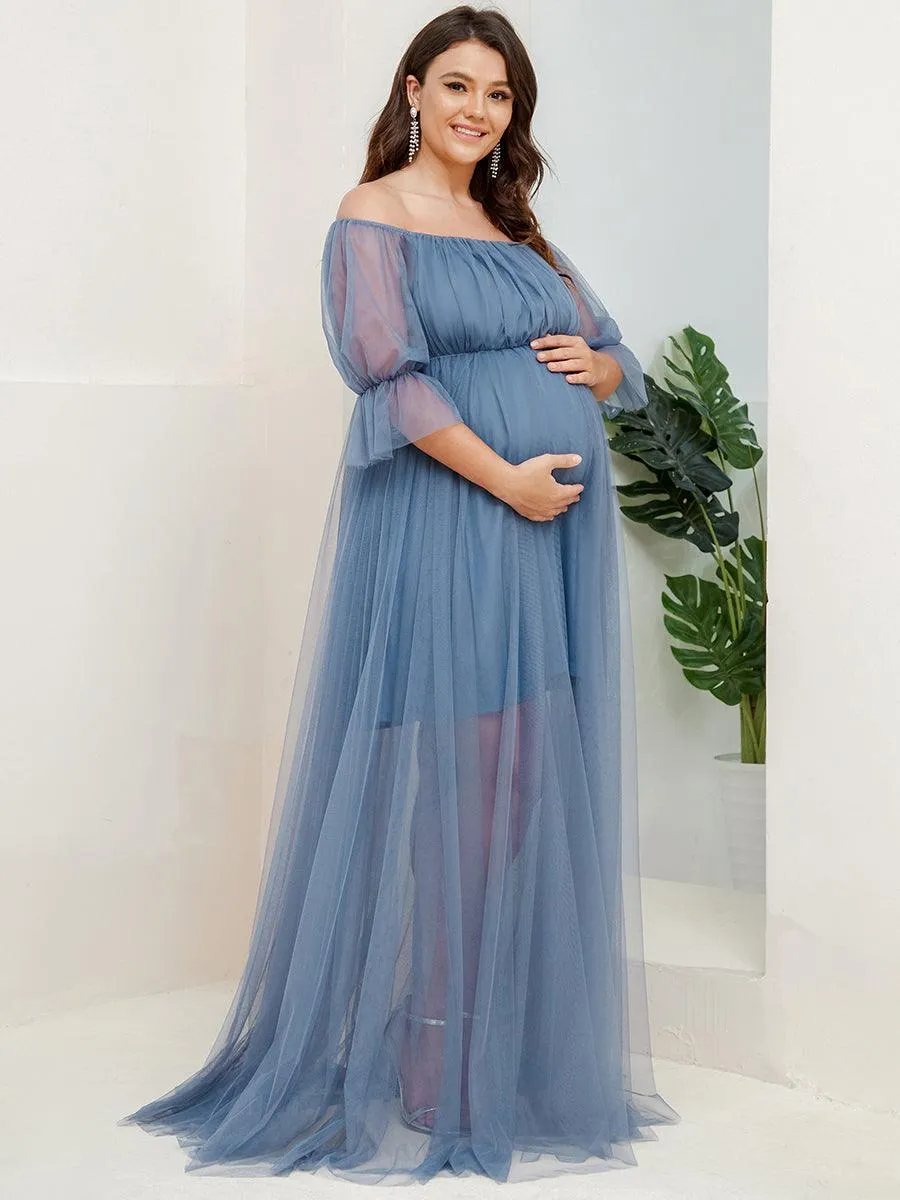 Maxi robe de maternité en tulle plissé à épaules dénudées