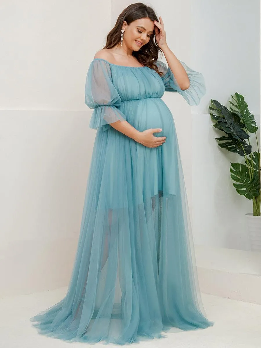 Maxi robe de maternité en tulle plissé à épaules dénudées