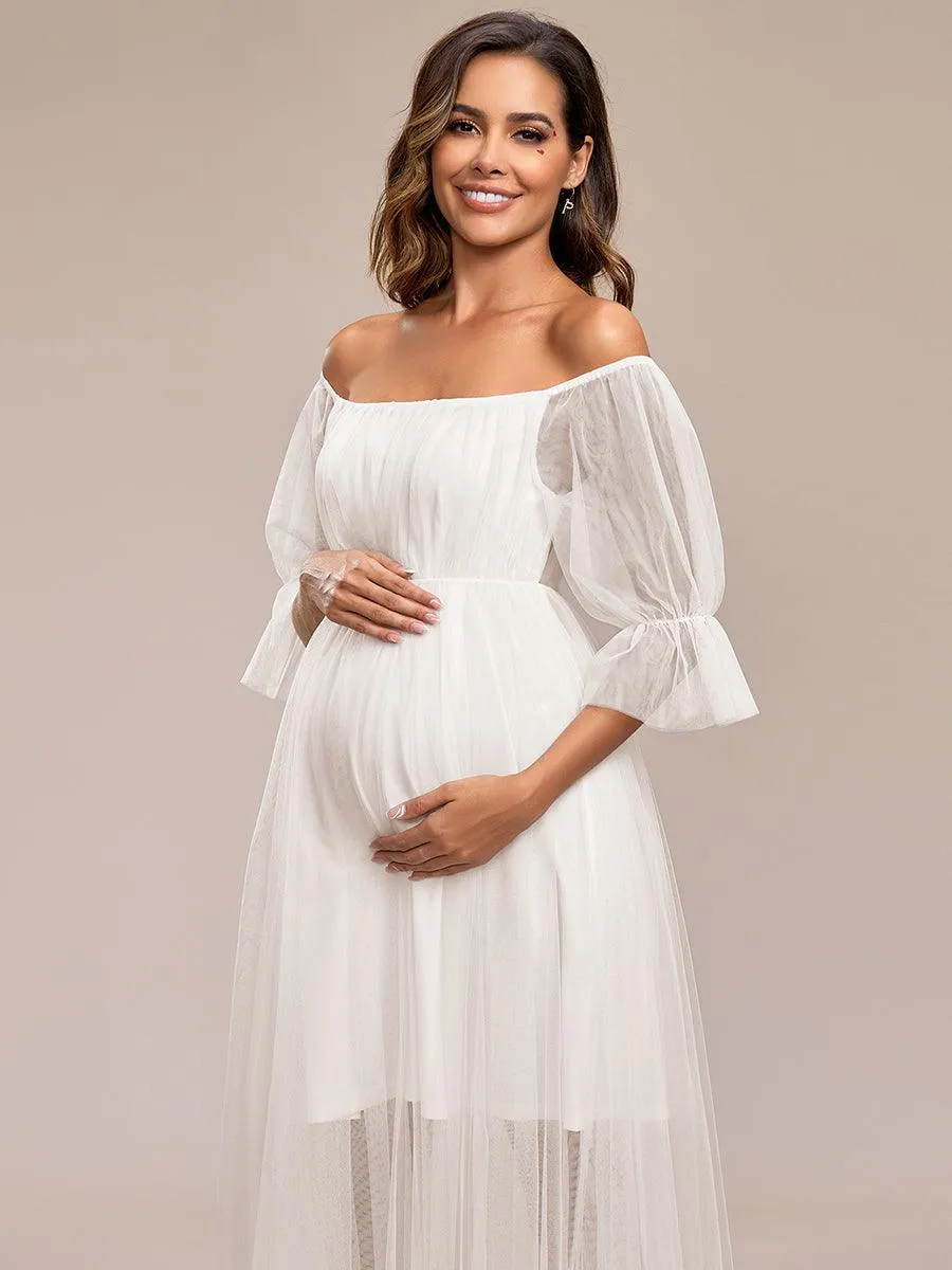 Maxi robe de maternité en tulle plissé à épaules dénudées