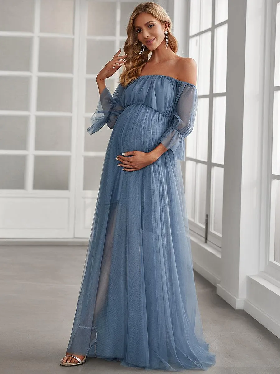 Maxi robe de maternité en tulle plissé à épaules dénudées