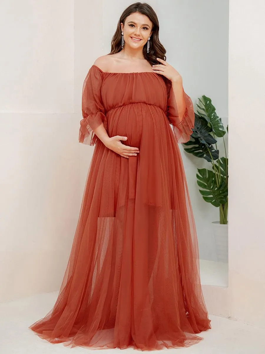 Maxi robe de maternité en tulle plissé à épaules dénudées