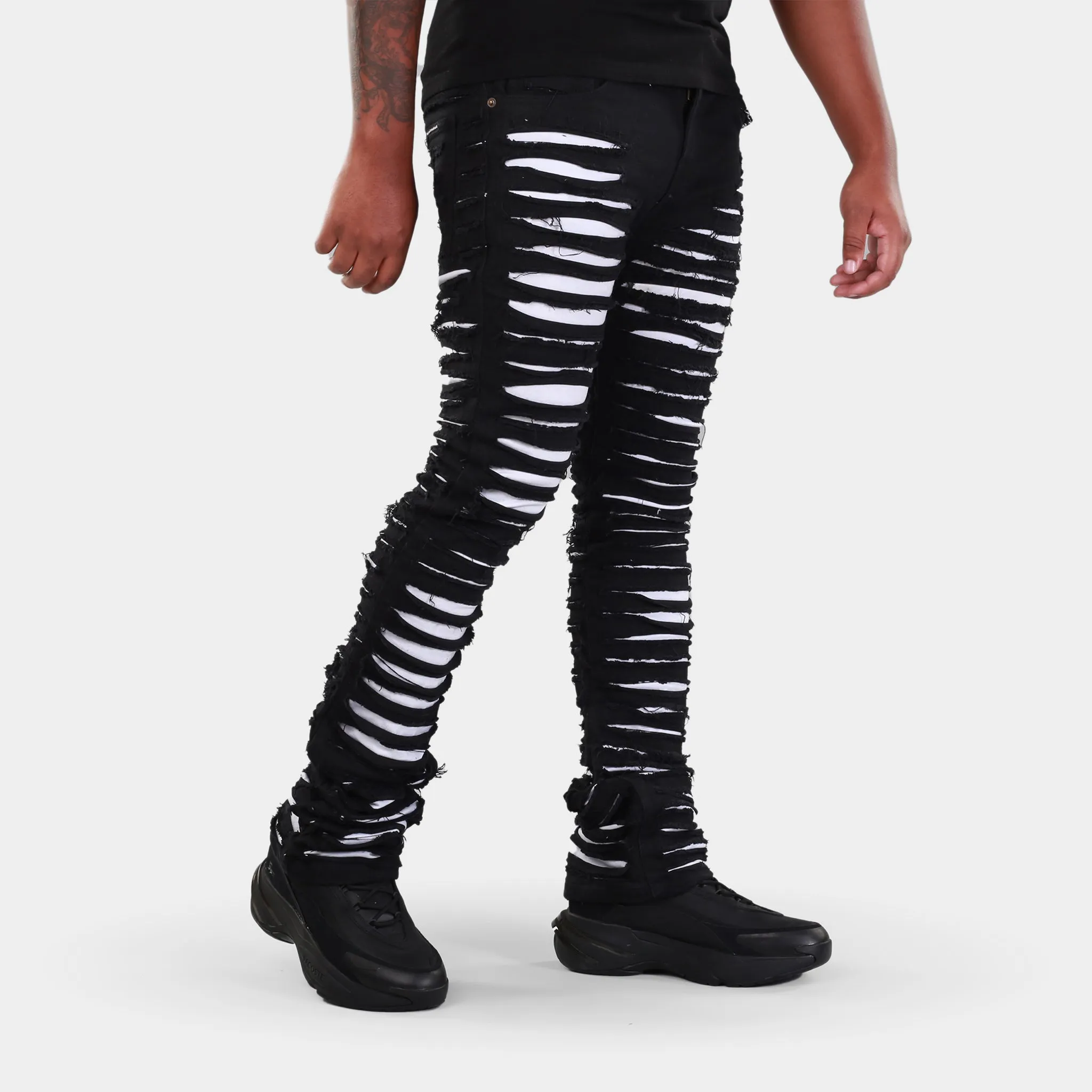MDB Brand Men's Distressed Dual Color Stacked Jeans