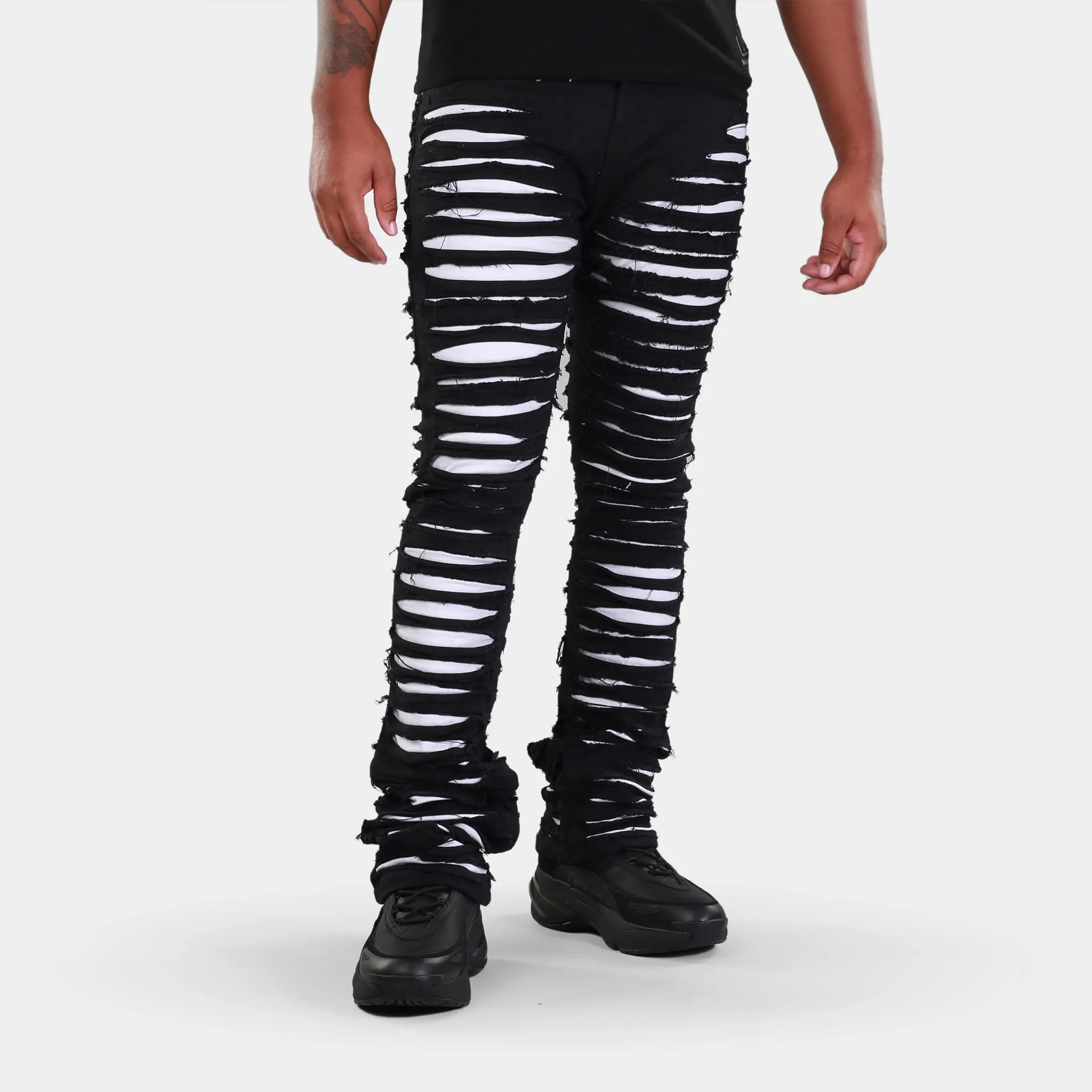 MDB Brand Men's Distressed Dual Color Stacked Jeans