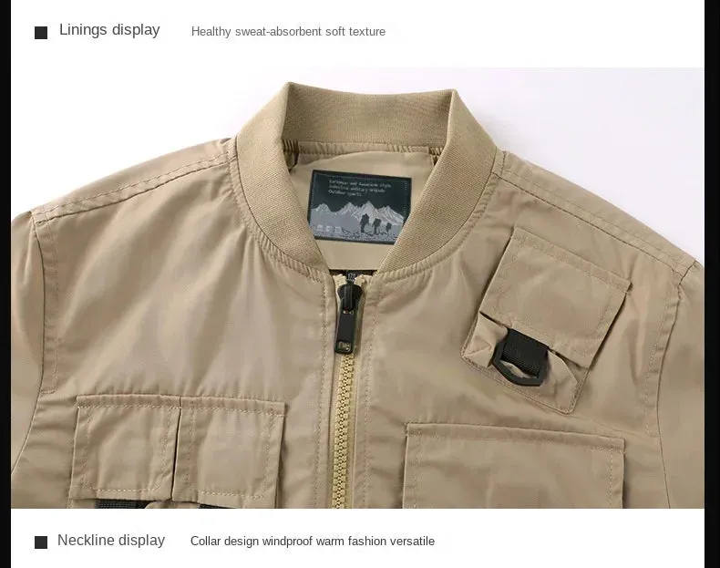 Men's Waterproof Jacket 2024 Spring New Solid Color Multi Pocket Functional Outdoor Camping Stand up Collar Coat Men's stormcoat