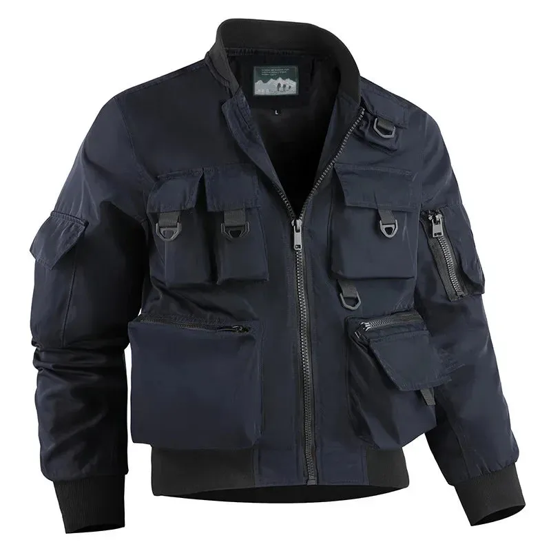 Men's Waterproof Jacket 2024 Spring New Solid Color Multi Pocket Functional Outdoor Camping Stand up Collar Coat Men's stormcoat