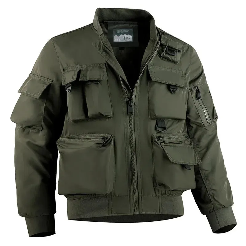 Men's Waterproof Jacket 2024 Spring New Solid Color Multi Pocket Functional Outdoor Camping Stand up Collar Coat Men's stormcoat