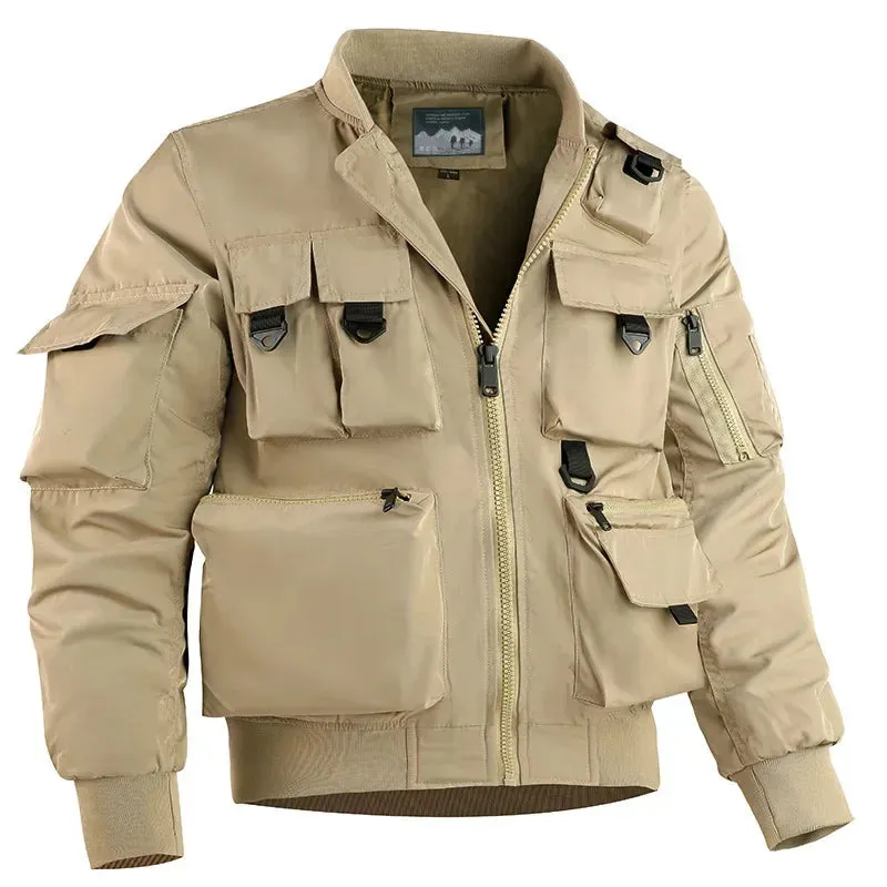 Men's Waterproof Jacket 2024 Spring New Solid Color Multi Pocket Functional Outdoor Camping Stand up Collar Coat Men's stormcoat