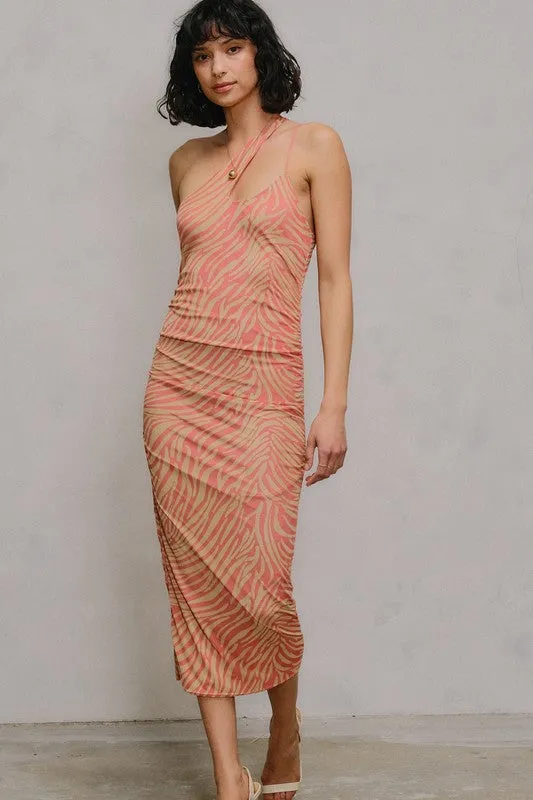 Mesh Split One Shoulder Midi Dress