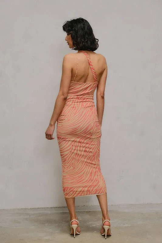 Mesh Split One Shoulder Midi Dress
