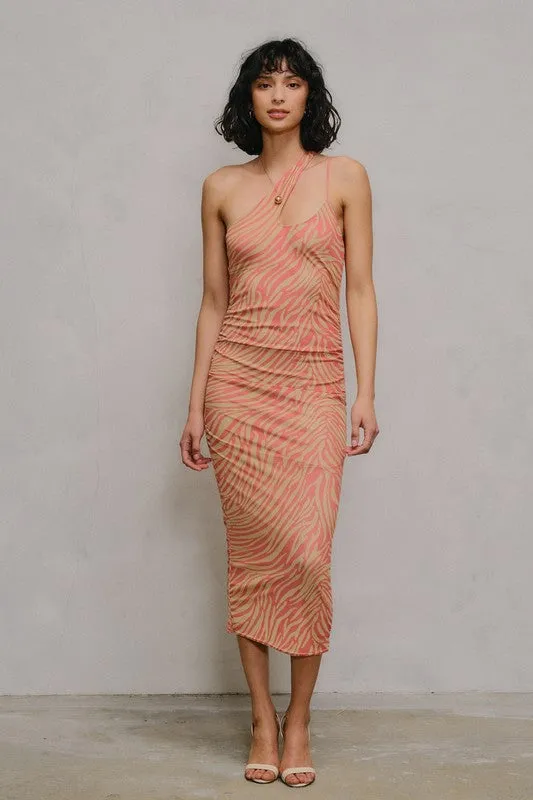 Mesh Split One Shoulder Midi Dress