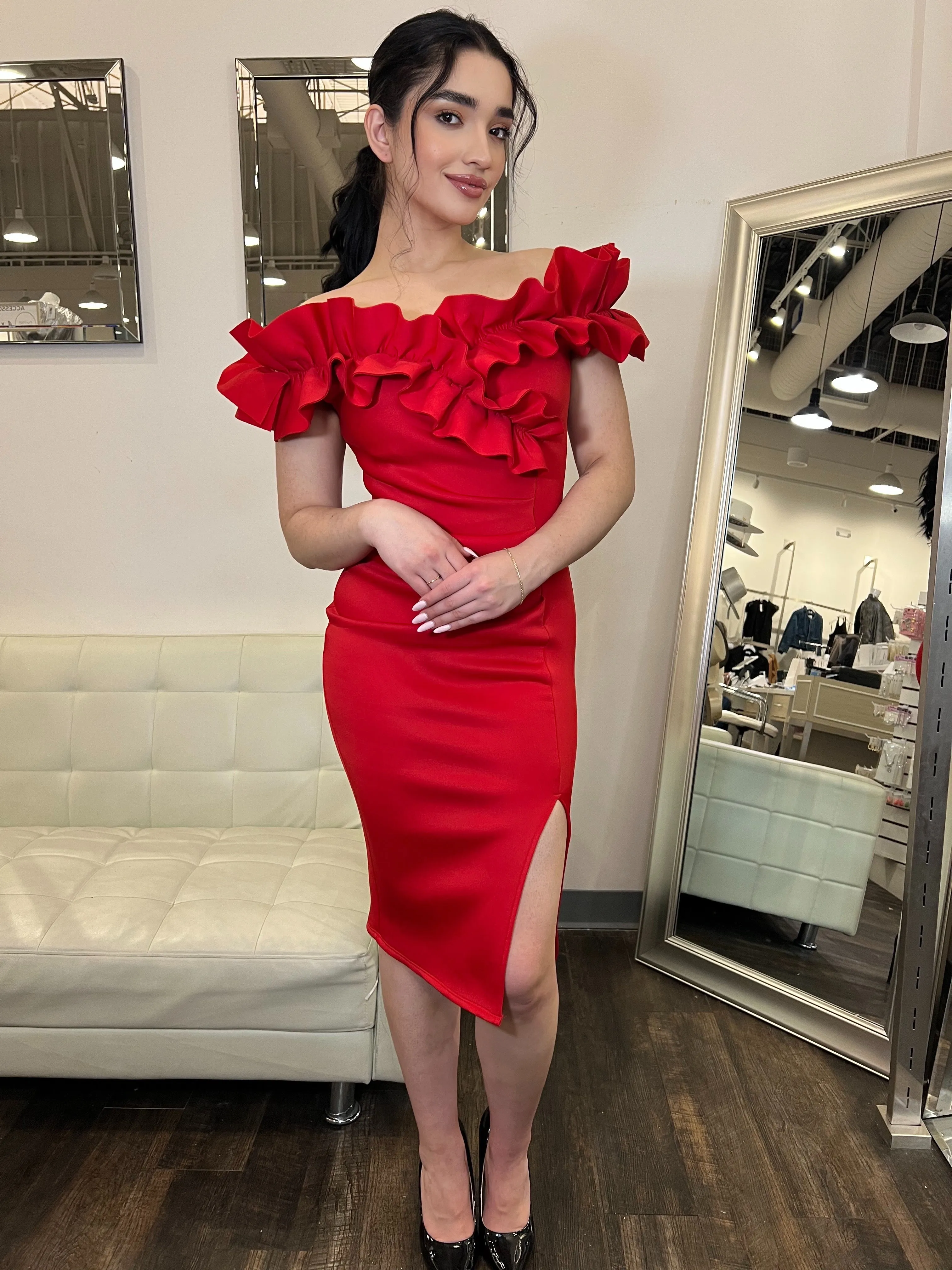 Mia Multi Ruffle Midi Dress- Red