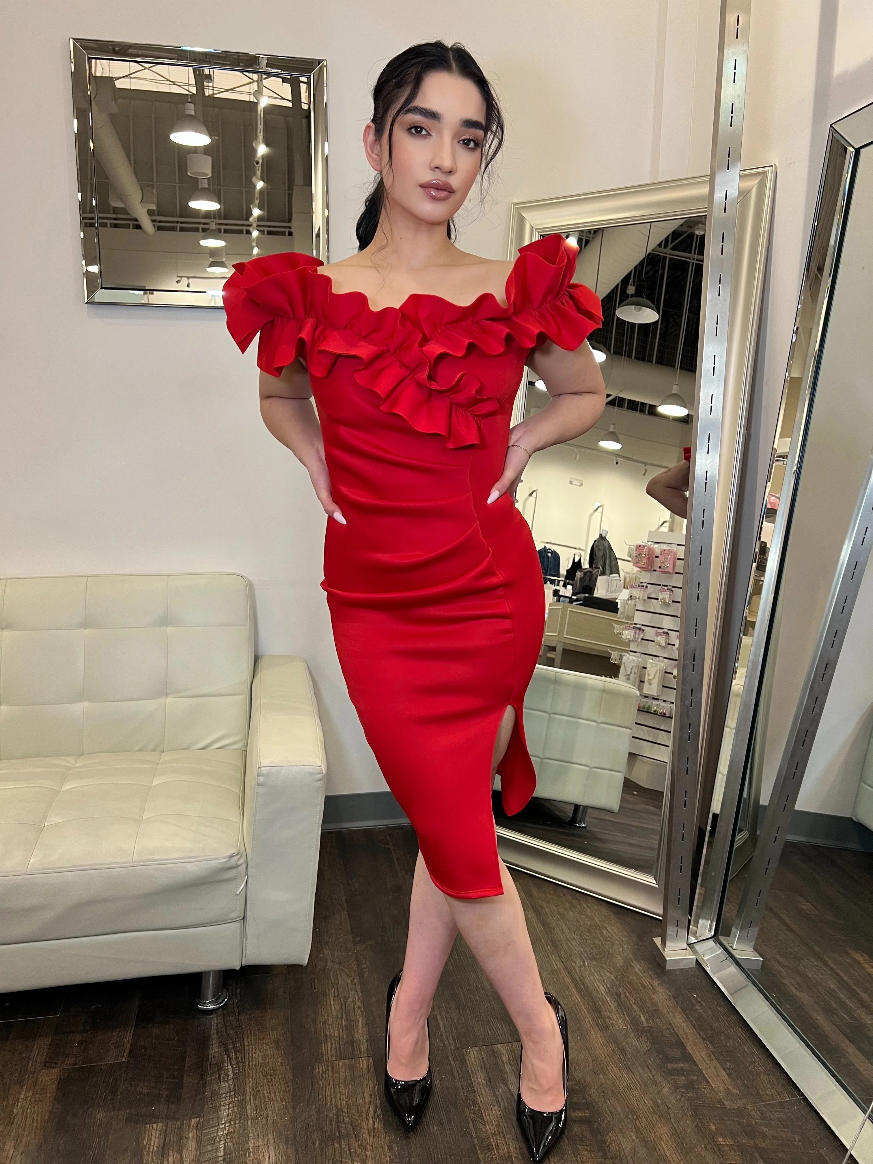 Mia Multi Ruffle Midi Dress- Red