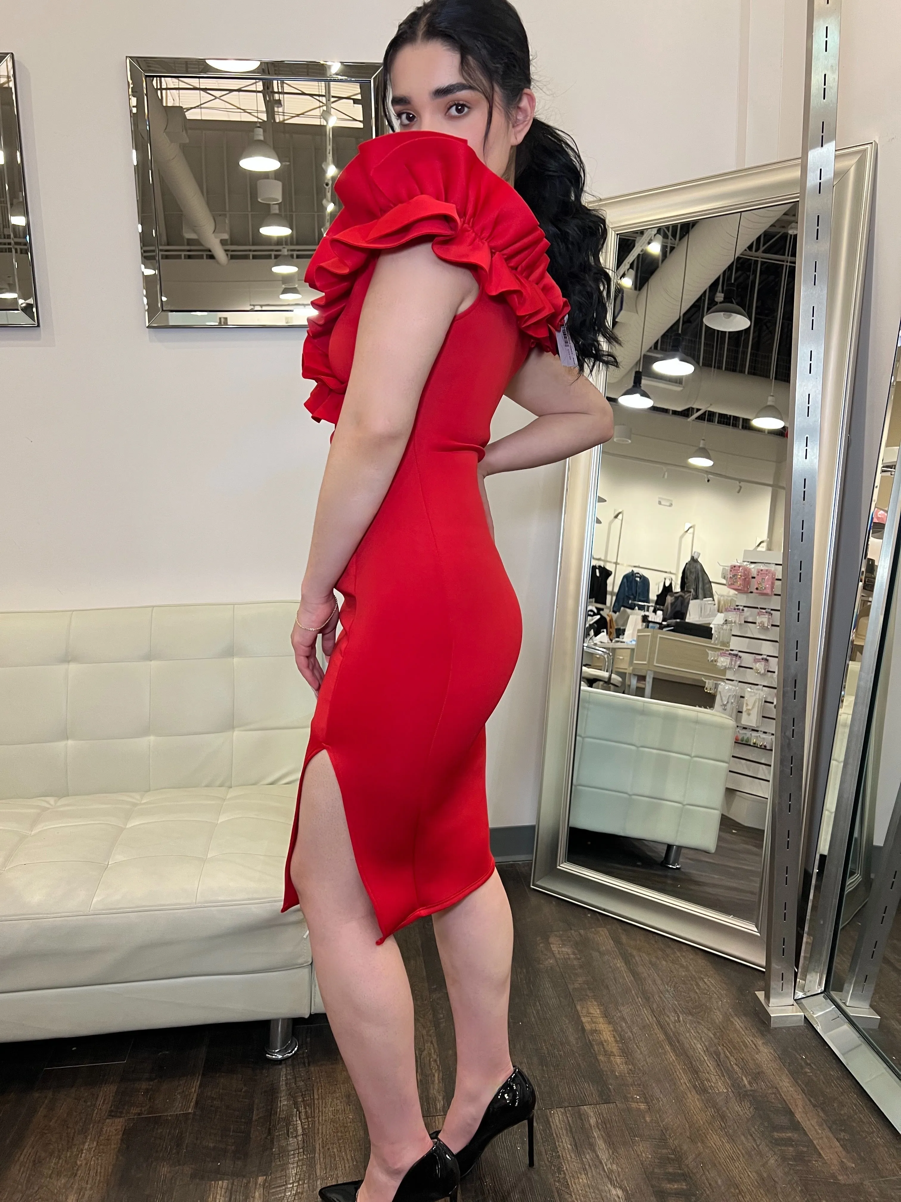 Mia Multi Ruffle Midi Dress- Red