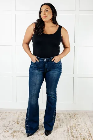 Mid Rise Rhinestone Detail Flare Jeans