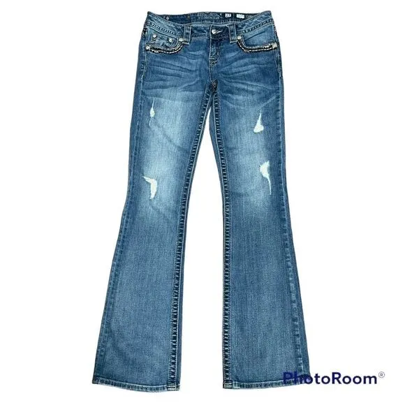 Miss Me rhinestones sequins embroidered Bootcut mid rise distressed Jeans