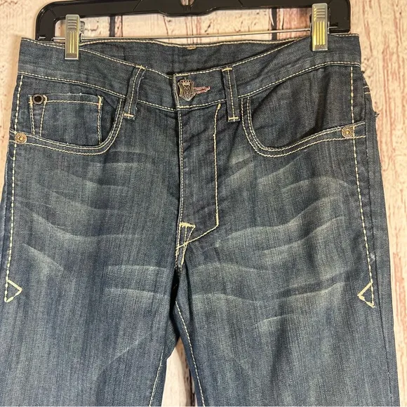 Monarchy Atelier Distressed Embroidered Stitching Bootcut Denim Jeans Size 29