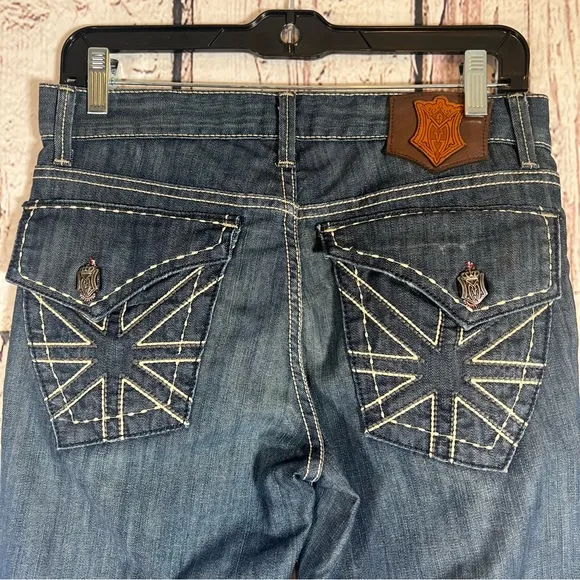 Monarchy Atelier Distressed Embroidered Stitching Bootcut Denim Jeans Size 29