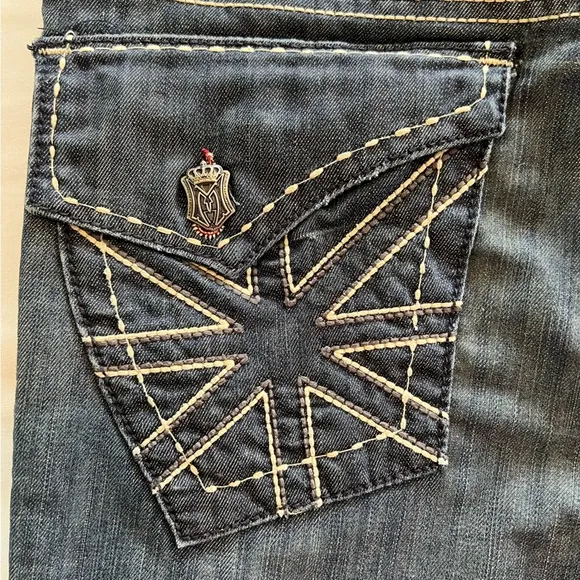 Monarchy Atelier Distressed Embroidered Stitching Bootcut Denim Jeans Size 29