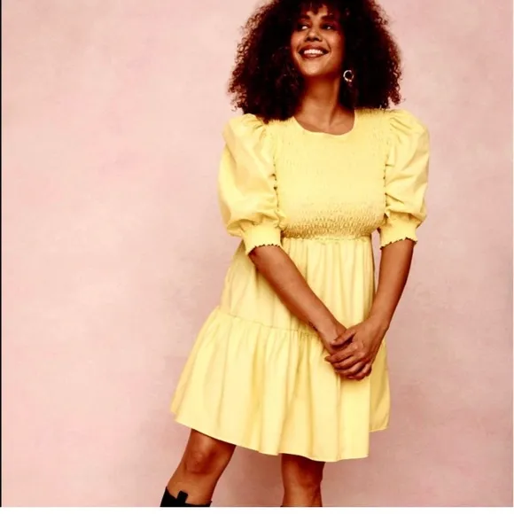 Nasty Gal | Dresses | Nasty Gal Shirred Puff Sleeve Midi Dress Yellow sz 12