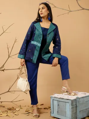 Navy Blue Jacquard Chanderi Embroidered Jacket