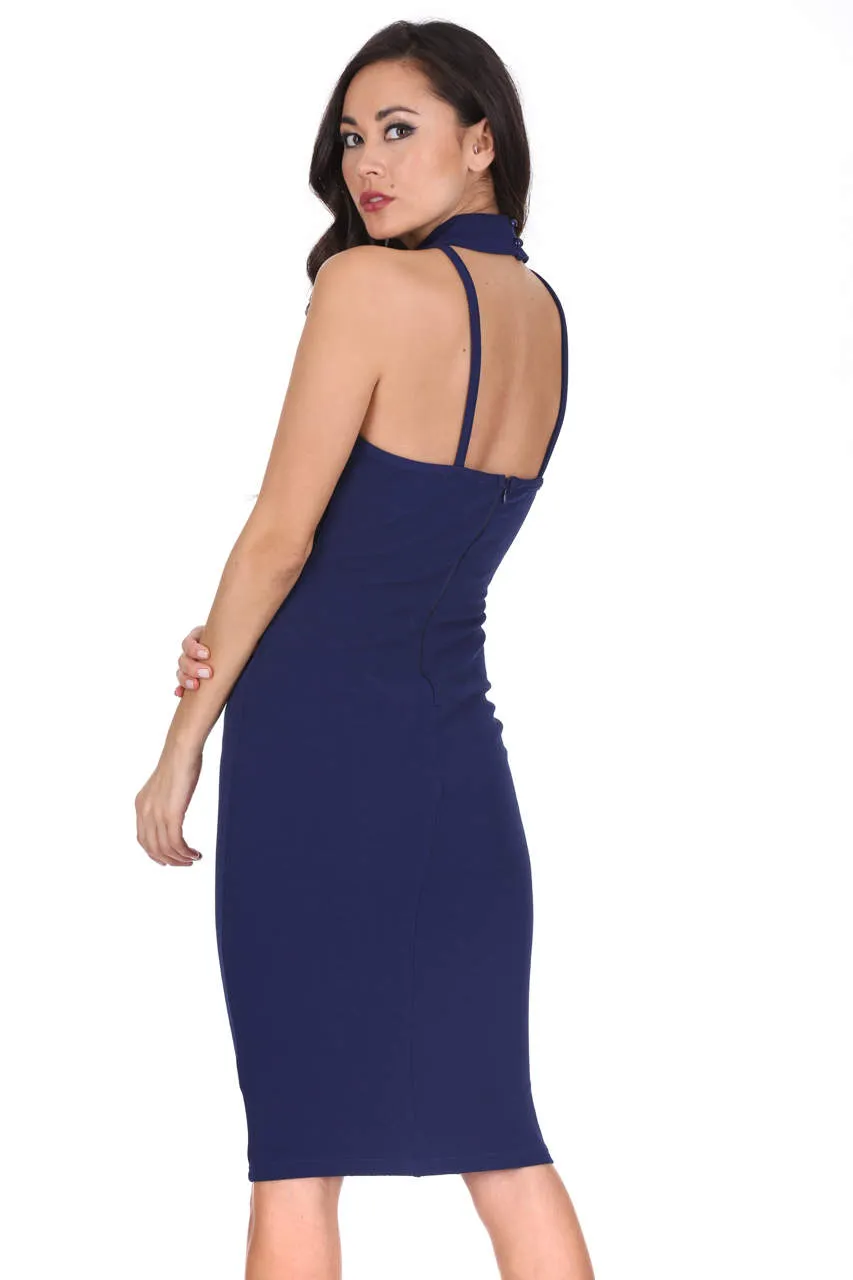 Navy Midi Choker Neck Dress