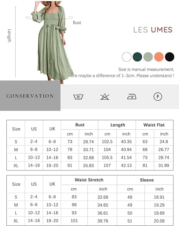 NEW Les umes Womens Summer Half Ruffle Lantern Sleeve Dress with Belt Ladies Casual Multi Wear Maxi Elegant Dresses, Sz S, Retails $49 