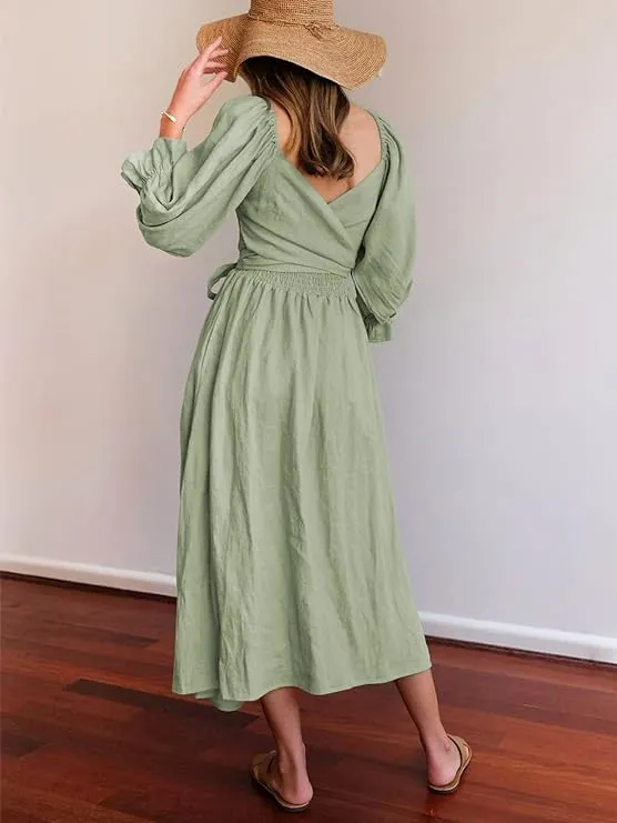 NEW Les umes Womens Summer Half Ruffle Lantern Sleeve Dress with Belt Ladies Casual Multi Wear Maxi Elegant Dresses, Sz S, Retails $49 
