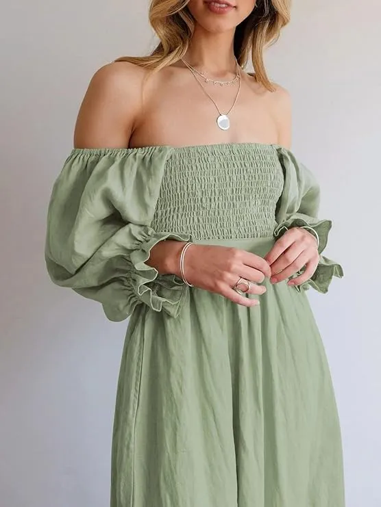 NEW Les umes Womens Summer Half Ruffle Lantern Sleeve Dress with Belt Ladies Casual Multi Wear Maxi Elegant Dresses, Sz S, Retails $49 