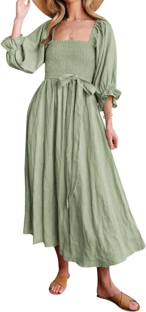 NEW Les umes Womens Summer Half Ruffle Lantern Sleeve Dress with Belt Ladies Casual Multi Wear Maxi Elegant Dresses, Sz S, Retails $49 