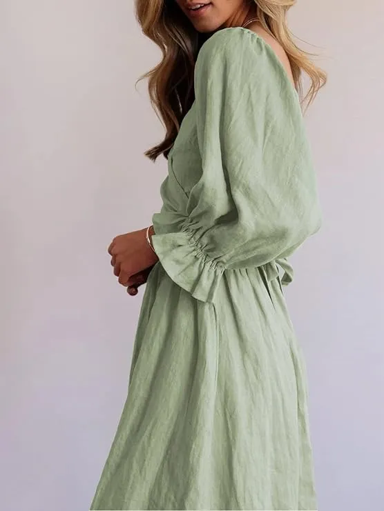 NEW Les umes Womens Summer Half Ruffle Lantern Sleeve Dress with Belt Ladies Casual Multi Wear Maxi Elegant Dresses, Sz S, Retails $49 