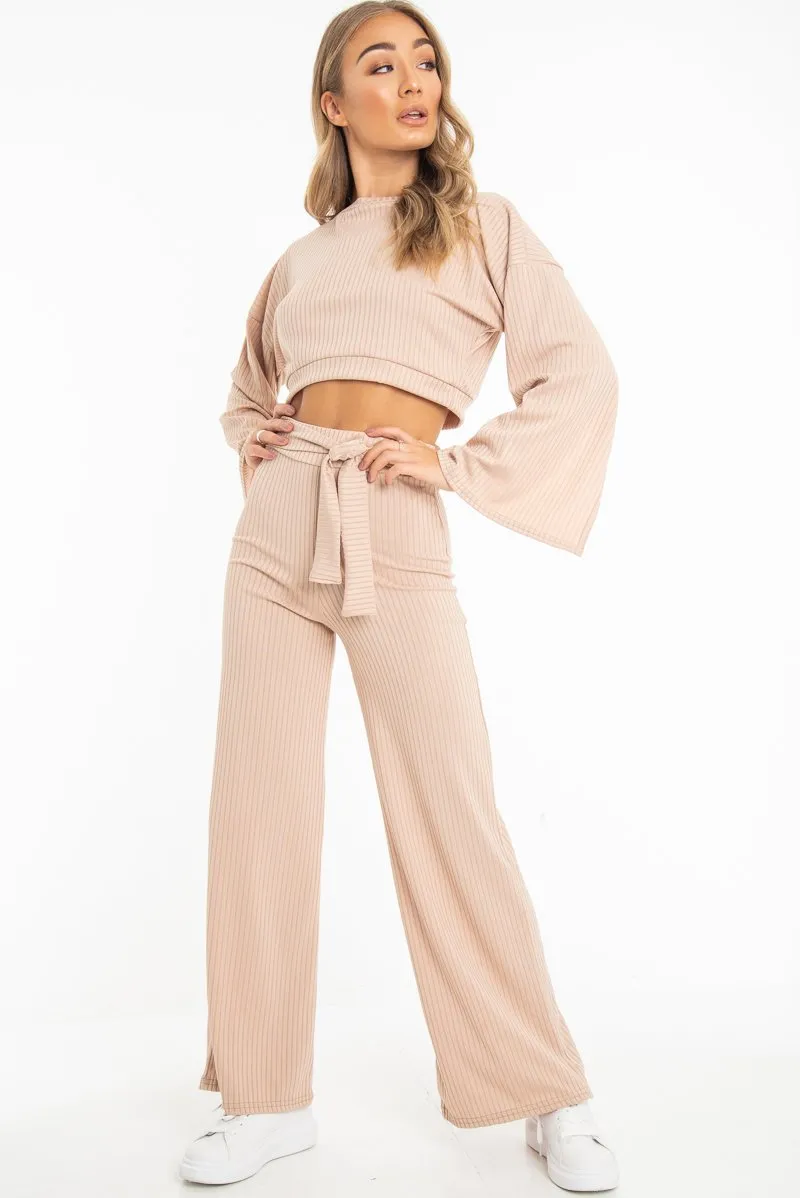 Nude Rib Crop Jumper Tie Wide Leg Trousers Loungewear Co-Ord - Mirabel