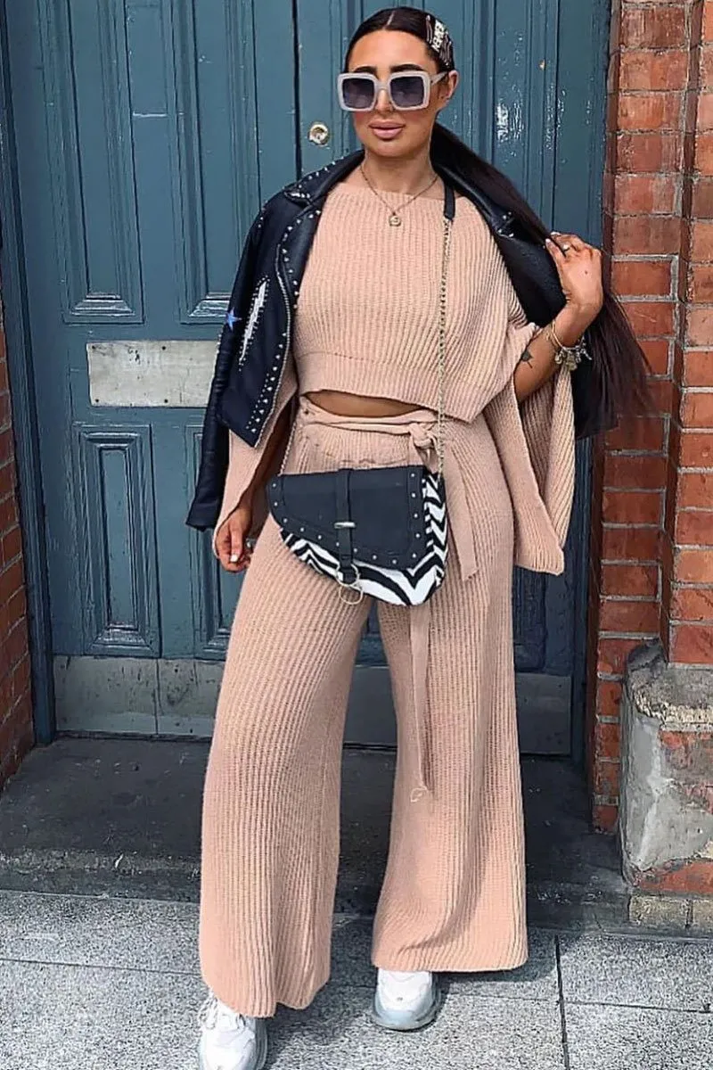Nude Rib Crop Jumper Tie Wide Leg Trousers Loungewear Co-Ord - Mirabel