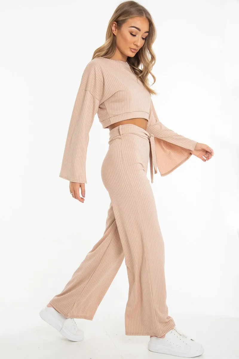 Nude Rib Crop Jumper Tie Wide Leg Trousers Loungewear Co-Ord - Mirabel