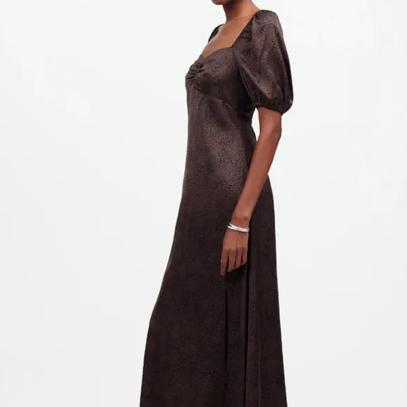 NWT Madewell Dark Coffee Puff-Sleeve Sweetheart Midi Dress SZ 12
