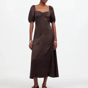 NWT Madewell Dark Coffee Puff-Sleeve Sweetheart Midi Dress SZ 12