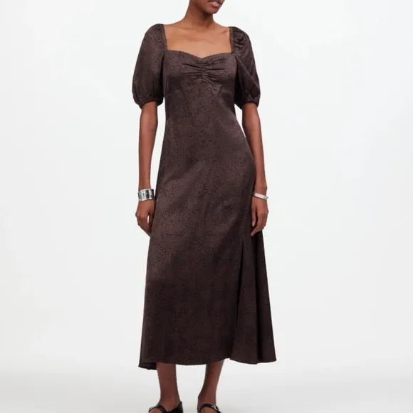 NWT Madewell Dark Coffee Puff-Sleeve Sweetheart Midi Dress SZ 12