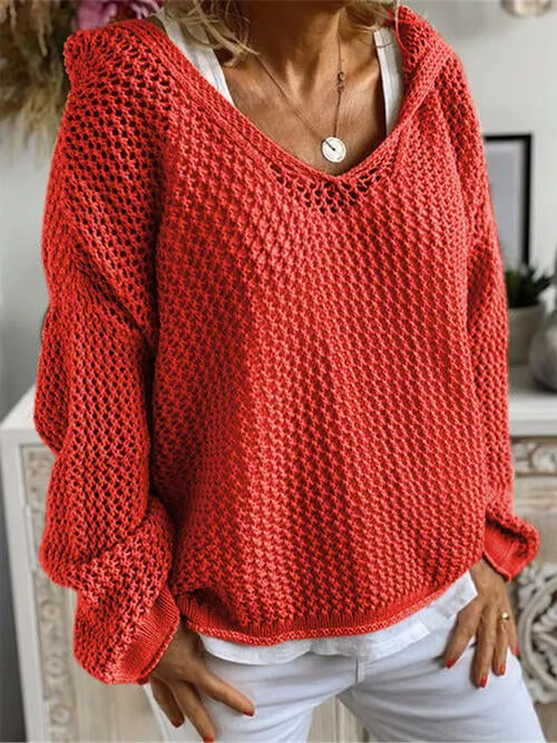 Openwork Hooded Long Sleeve Sweater (5 Colors)