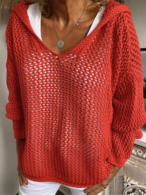 Openwork Hooded Long Sleeve Sweater (5 Colors)