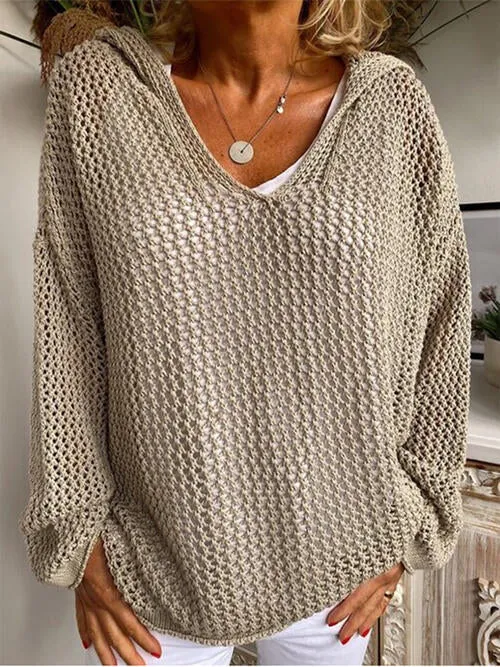 Openwork Hooded Long Sleeve Sweater (5 Colors)