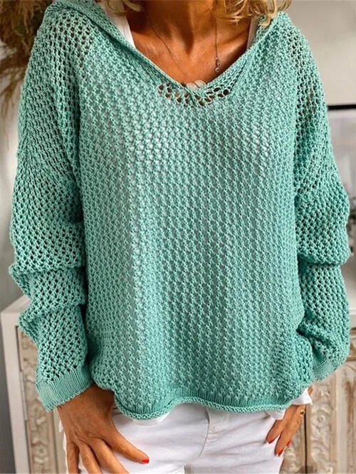 Openwork Hooded Long Sleeve Sweater (5 Colors)