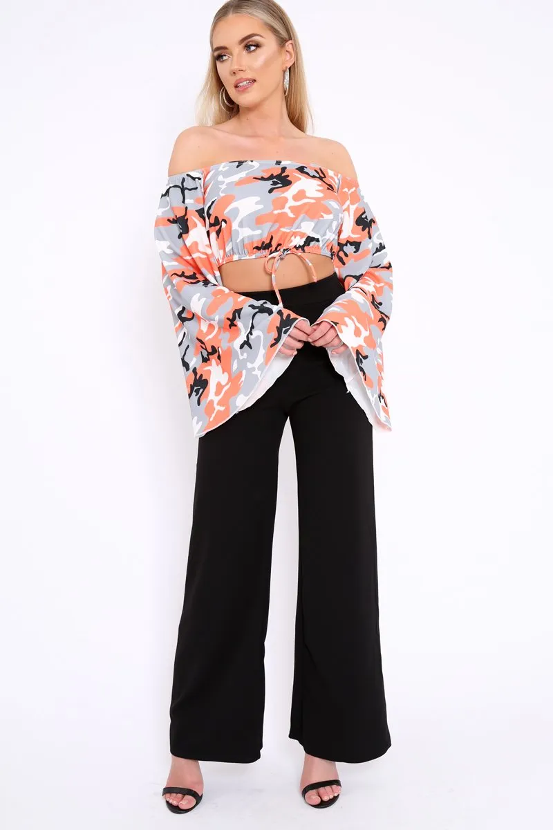 Orange Camo Extreme Flared Sleeved Crop Top - Dalis