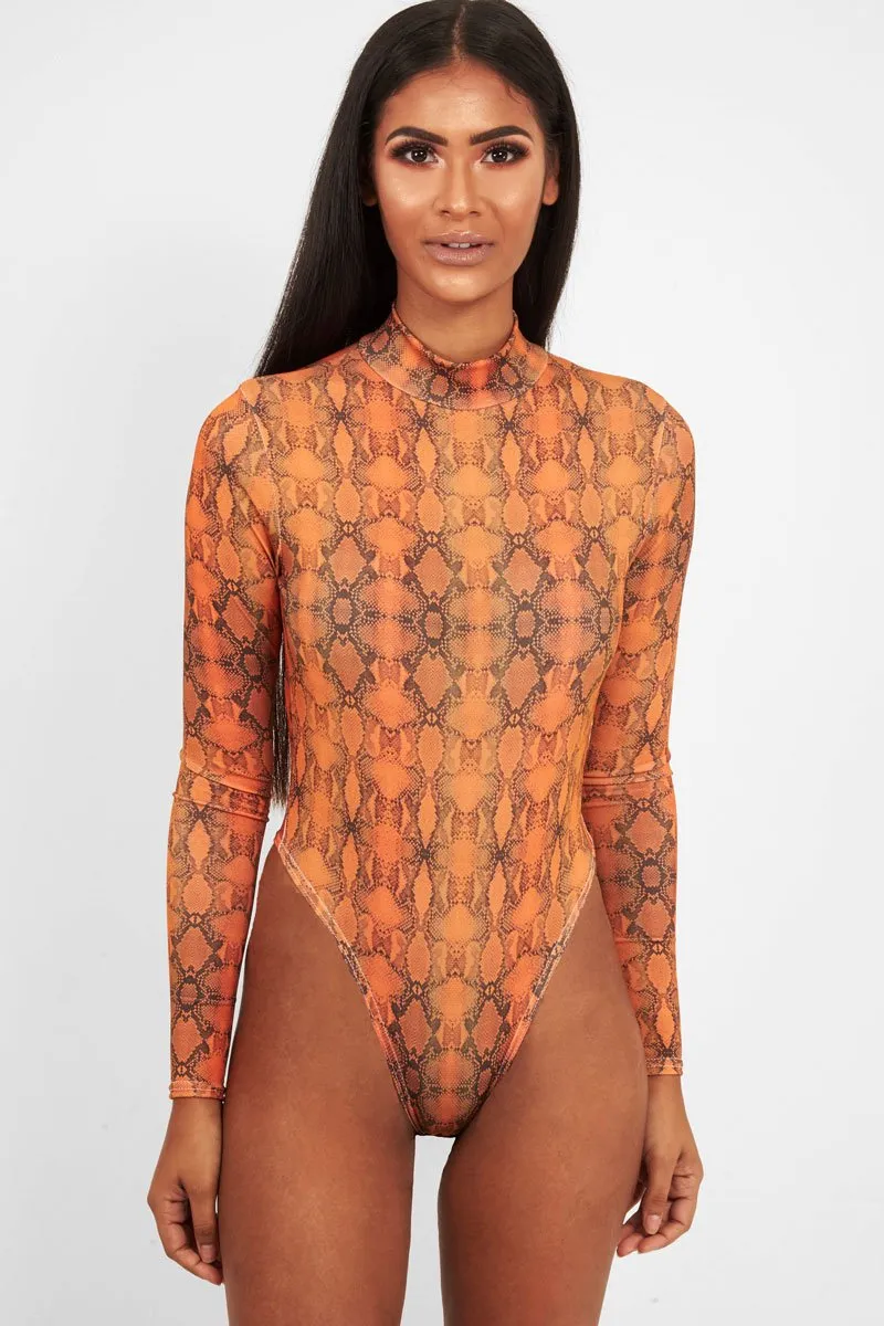 Orange Snake Print Slinky High Neck Bodysuit - Abira