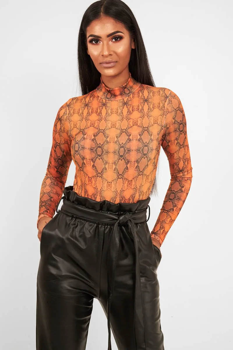 Orange Snake Print Slinky High Neck Bodysuit - Abira