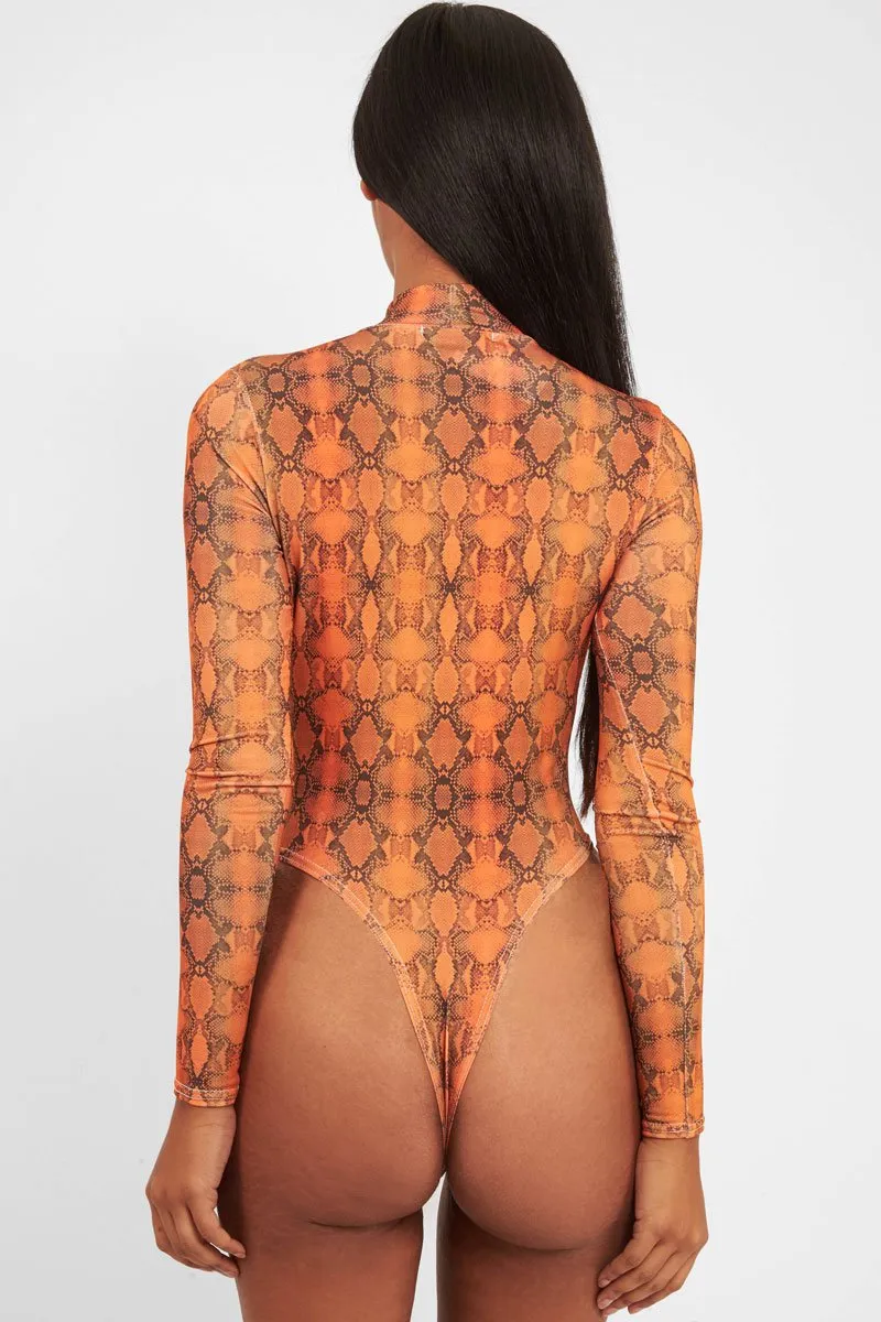 Orange Snake Print Slinky High Neck Bodysuit - Abira